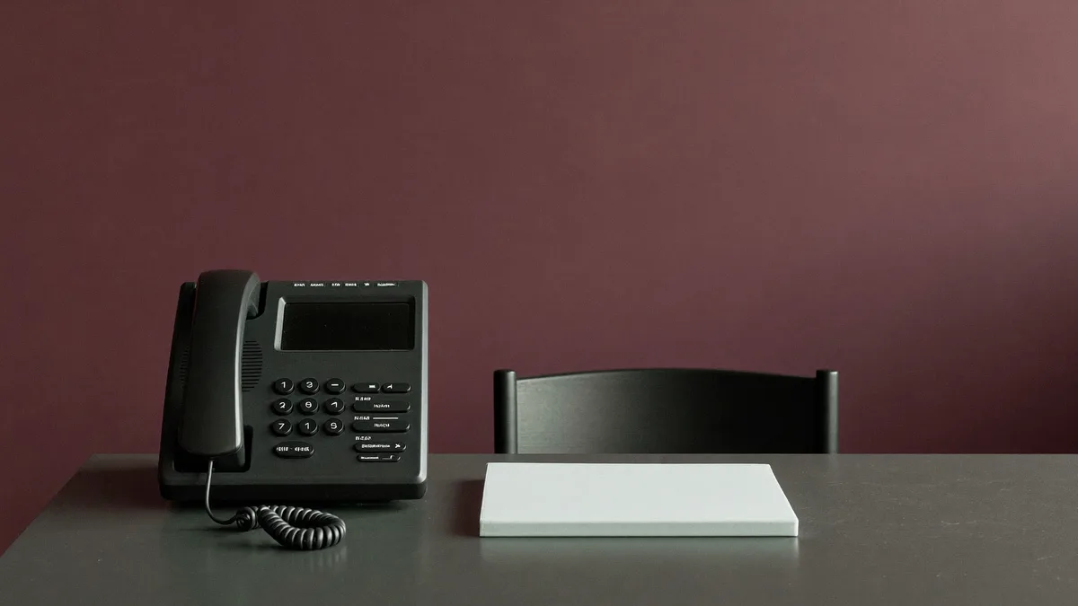 Telefono fisso nero e quaderno chiuso su una scrivania minimale