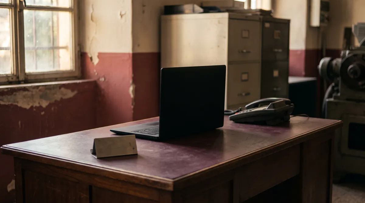 Scrivania ordinata con laptop chiuso e telefono da tavolo in un ufficio vendite