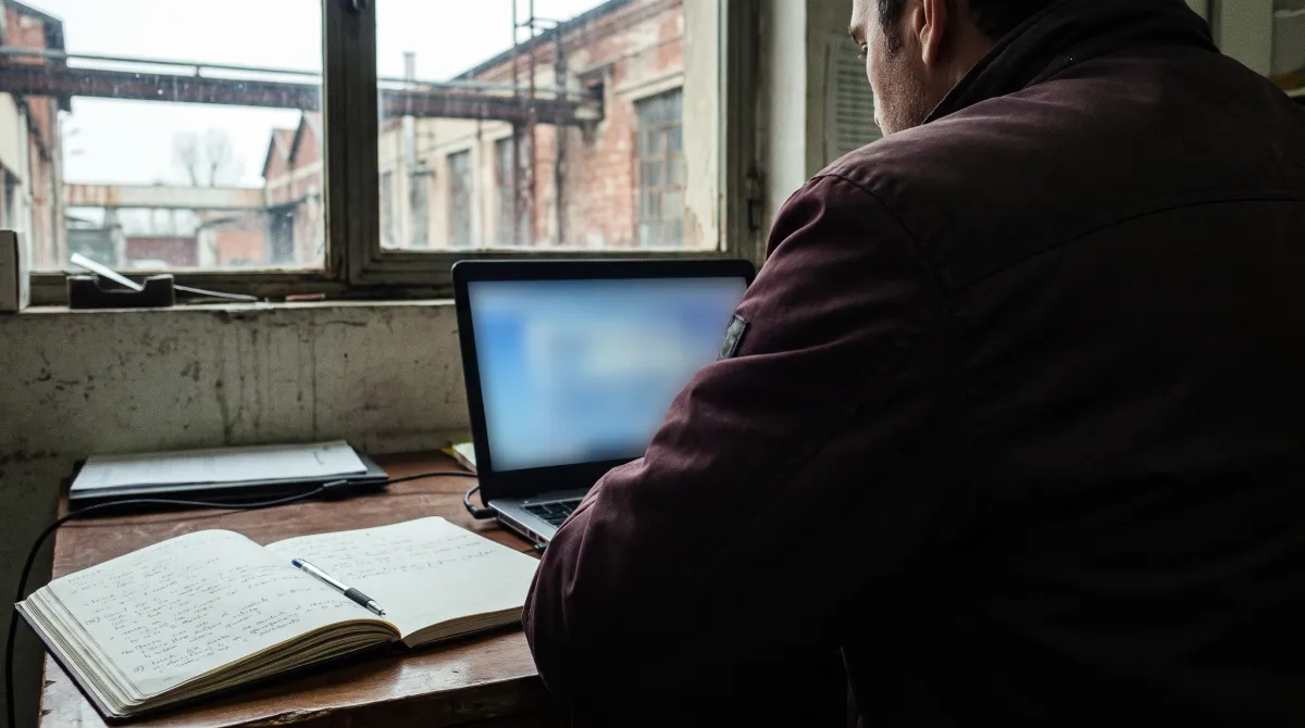 Vista da dietro le spalle di una scrivania con laptop dallo schermo sfocato e taccuino